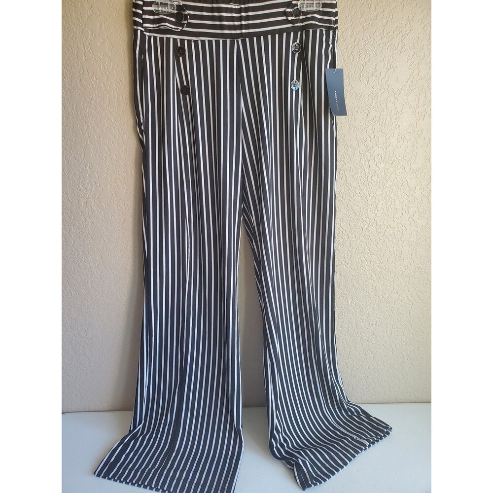 Robert Louis Wide Leg Pants Nautical Black Ivory Striped Button Accents Slinky S